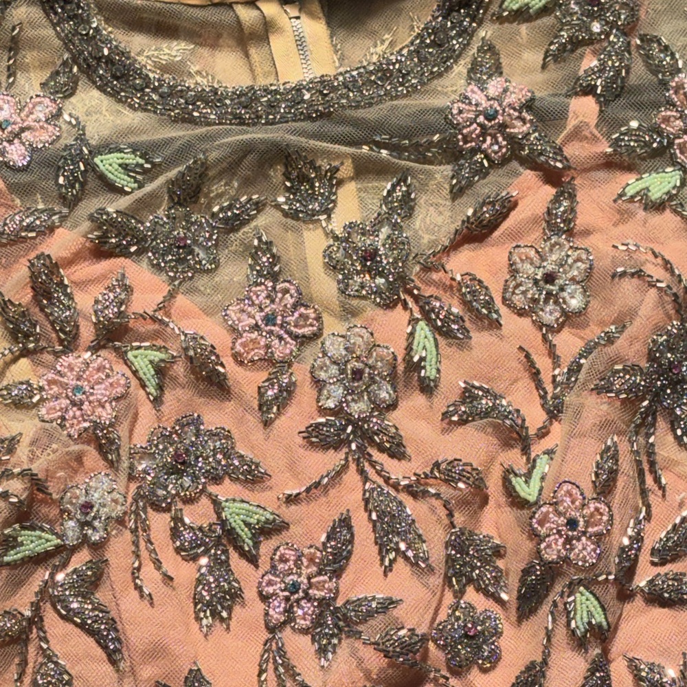 Stunning Vintage handmade Peach Floral with Sheer Beaded Overlay - Picture 3 of 16